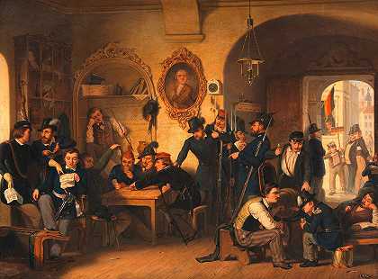1848年，老大学礼堂里的学术军团学生休息室`Studentenwachstube der Akademischen Legion in der Aula der alten Universität im Jahre 1848 (1848) by Franz Schams