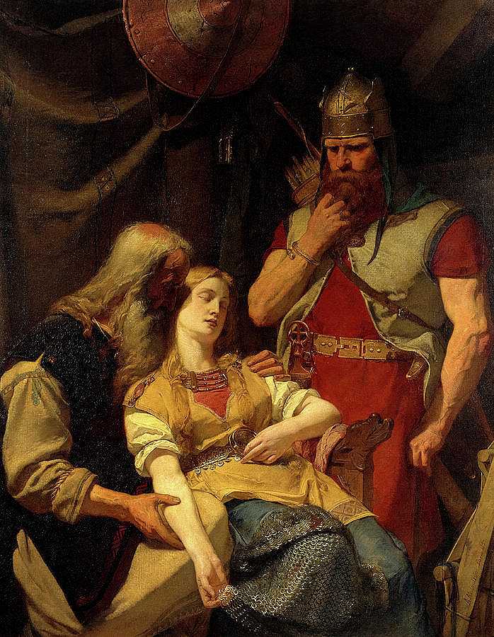 1859年，英格伯格从奥瓦尔·奥德那里收到了哈马尔去世的消息`Ingeborg Receiving News of Hjalmar\’s Death from Orvar Odd, 1859 by August Malmstrom