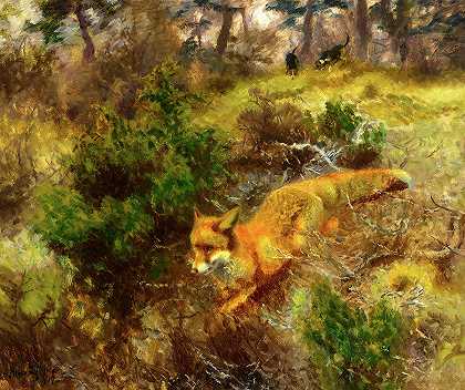 狐狸与猎犬，1917年`Fox and Hounds, 1917 by Bruno Liljefors