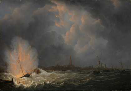 1831年2月5日，在安特卫普附近，由扬·范·斯佩克指挥的2号炮艇爆炸`The Explosion of Gunboat nr 2, under Command of Jan van Speijk, off Antwerp, 5 February 1831 (1832) by Martinus Schouman