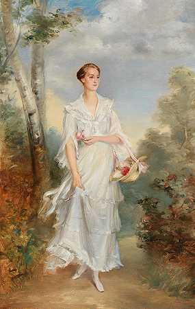 一位拿着花篮的年轻女士的肖像`Portrait of a Young Lady with a Basket of Flowers by Adolf Pirsch