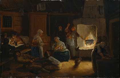 在一个农民里面斯马兰的小屋`Inside a Peasants Cottage in Småland (1801) by Pehr Hörberg