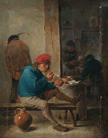 酒馆里的烟民场景`Tavern Scene with Smokers (1640s) by David Teniers The Younger
