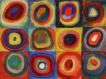 颜色研究，带同心圆的正方形`Color Study, Squares With Concentric Circles by Wassily Kandinsky
