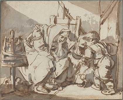 带着两个孩子的疲惫女人`A Tired Woman with Two Children (1750~1761) by Jean-Baptiste Greuze