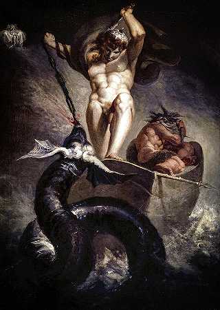雷神击打米德加德蛇，1790年`Thor battering the Midgard Serpent, 1790 by Henry Fuseli