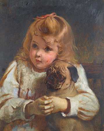 担心，带哈巴狗的女孩`Concern, Girl With A Pug by Charles Burton Barber