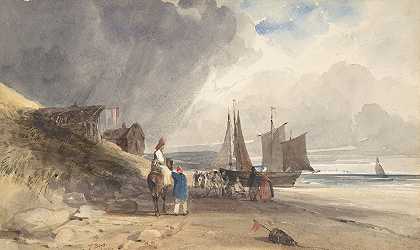 法国北部海滩上的人物`Figures on a Beach, Northern France (1830) by Thomas Shotter Boys