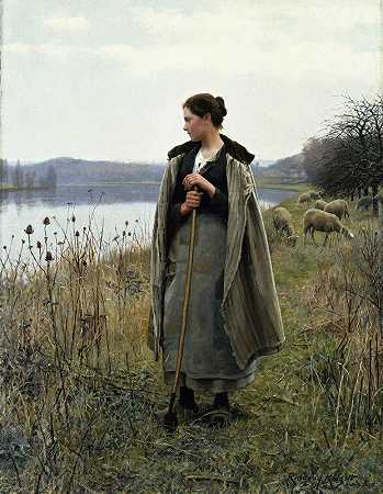 Rolleboise的牧羊女`The Shepherdess Of Rolleboise (1896) by Daniel Ridgway Knight