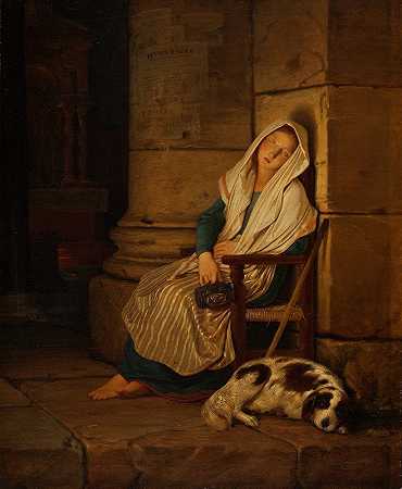 罗马教堂里熟睡的意大利乞丐女孩`Sleeping Italian Beggar Girl In A Roman Church (1836) by Philipp von Foltz