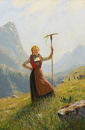 拿耙子的农家女孩`Peasant Girl With A Rake by Hans Dahl