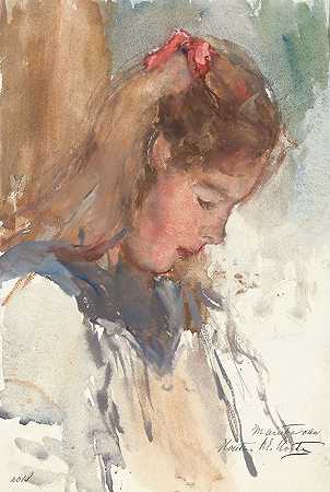 Marietje van Houten的女孩肖像`Meisjesportret van Marietje van Houten (1872 ~ 1950) by Barbara Elisabeth van Houten