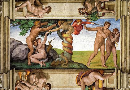 原罪与驱逐出天堂西斯廷教堂`The Original Sin and The Expulsion from Paradise, Sistine Chapel by Michelangelo