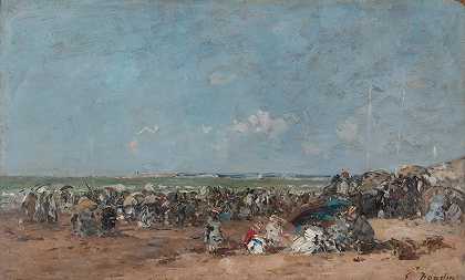 特鲁维尔的海滩景色`Beach Scene in Trouville (ca. 1870–74) by Eugène Boudin