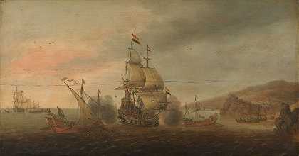荷兰士兵与西班牙战舰之间的海战`Naval Battle between Dutch Men~of~War and Spanish Galleys (c. 1633 ~ c. 1650) by Cornelis Bol