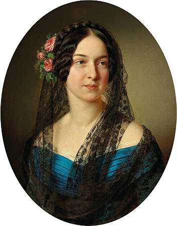 一位头发上插着玫瑰的女士的肖像`Portrait Of A Lady With Roses In Her Hair by Anton Einsle