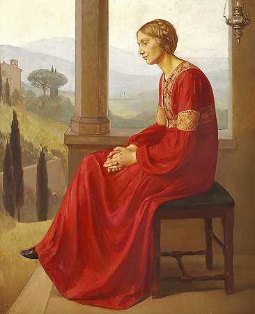 身着红色连衣裙的女子坐在意大利风景区的露台上`Kvinde i rød kjole siddende på en terrasse i et italiensk landskab (1909) by Christian Bang
