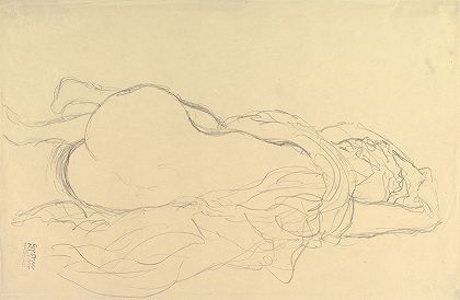 裸体斜倚，带窗帘，后景观`Reclining Nude with Drapery, Back View (1917–1918) by Gustav Klimt