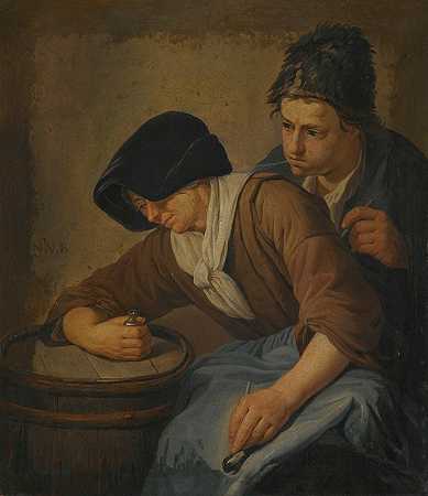 室内有一男一女在抽烟`Interior With a Man And a Woman Smoking by Norbert van Bloemen