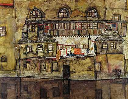 河上的房子墙`The House Wall on the River by Egon Schiele