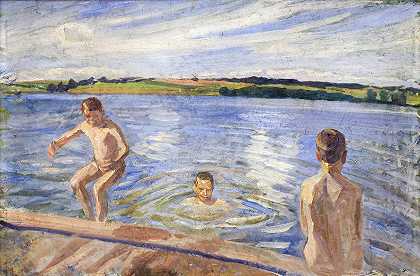 男孩洗澡`Boys Bathing (1902) by Peter Hansen