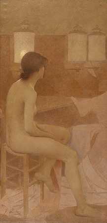 在更衣室里跳舞，坐直`Danseuse dans sa loge, assise profil droit (1905 ~ 1909) by Fernand Pelez