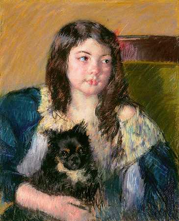 弗朗索瓦兹抱着一只小狗，向远处看去`Françoise, Holding a Little Dog, Looking Far to the Right (1909) by Mary Cassatt