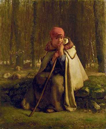 坐着的牧羊女`Seated Shepherdess (c. 1852) by Jean-François Millet