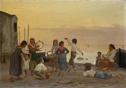 卡普里海滩上的孩子们在跳萨塔雷罗舞`Children Dancing the Saltarello at the Beach in Capri (1873) by August Weckesser