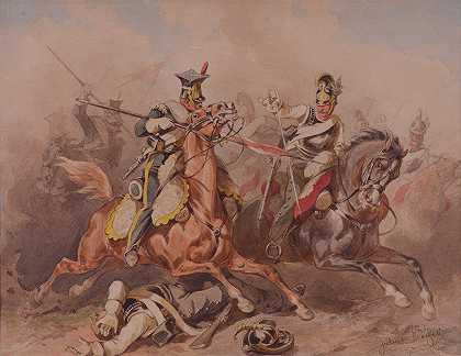 维斯图拉军团的骑兵和俄罗斯铁甲骑兵之间的小冲突`Skirmish between Lancers from the Legion of the Vistula and the Russian cuirassiers (1850) by Juliusz Kossak