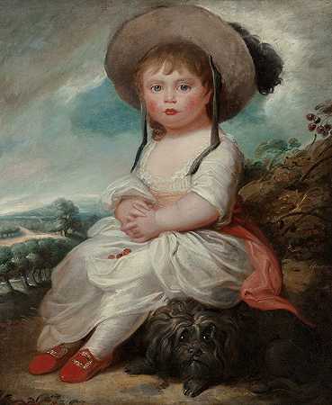 一幅年轻女孩的画像，她和她的宠物狗坐在风景中，被认为是尊敬的玛丽·莱格`A portrait of a young girl, seated in a landscape with her pet dog, thought to be the Honorable Mary Legge by English School