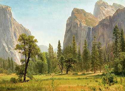 新娘面纱瀑布，优胜美地山谷，加利福尼亚州，1871-1873年`Bridal Veil Falls, Yosemite Valley, California, 1871-1873 by Albert Bierstadt