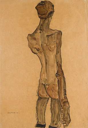 站立男性裸体，后景观（站立男性裸体，后景观）`Stehender Männlicher Rückenakt (Standing Male Nude, Back View) (1910) by Egon Schiele