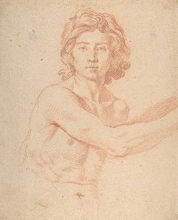 一个举起右臂的年轻人的半身像`Half~Figure of a Youth with His Right Arm Raised (1612–48) by Simone Cantarini