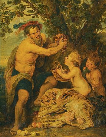 一个带着Putti和老虎的酒鬼`A Drinking Man With Putti And A Tiger by After Peter Paul Rubens