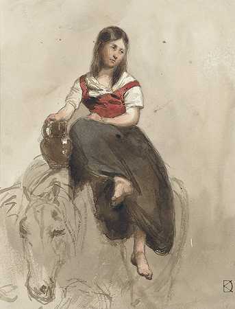 坐在马上拿着罐头的女人`Vrouw op een paard gezeten met kan (1841 ~ 1857) by Johan Daniël Koelman