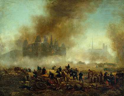 被凡尔赛军队烧毁的市政厅`LHôtel de Ville incendié, assailli par les troupes de Versailles (1871) by Gustave Boulanger