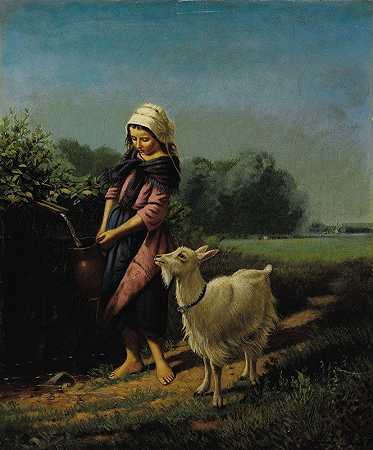 和山羊一起打水的女孩`Girl Fetching Water with Goat (1873) by Samuel S. Carr
