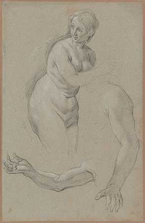 一个女性裸体和两个手臂研究，其中一个拿着一个缩影`A Female Nude and Two Studies of an Arm, One Holding a Miniature (17th century) by School of Carlo Maratti