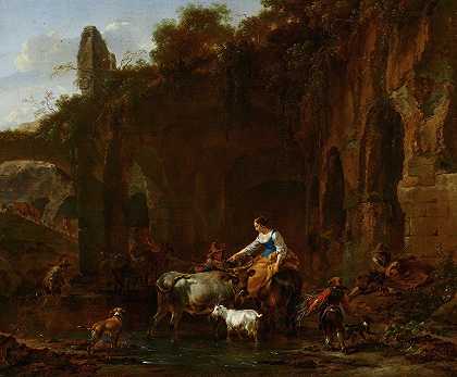罗马废墟旁的牧羊人`Shepherds beside Roman Ruins (1661) by Nicolaes Pietersz. Berchem