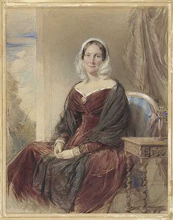 一位坐着的女士的肖像，可以看到外面`Portret van een zittende dame bij een doorkijk naar buiten (1842) by George Richmond