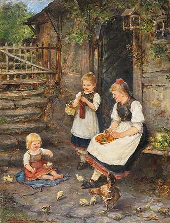 三个穿Schwalmer服装的女孩`Drei Mädchen in Schwälmer Tracht (Ca. 1870~1890) by Ludwig Blume-Siebert