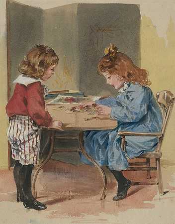 两个孩子在玩拼图`Two children playing with a puzzle by McLoughlin Bros