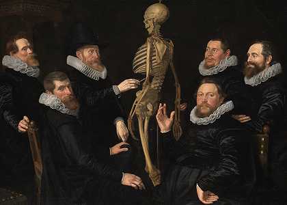 Sebastiaen Egbertsz博士的骨科课程。`The osteology class of Dr. Sebastiaen Egbertsz. (1619) by Nicolaes Eliasz. Pickenoy