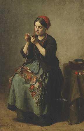 穿针线的农妇`Peasant woman threading a needle (1861) by Jules Breton