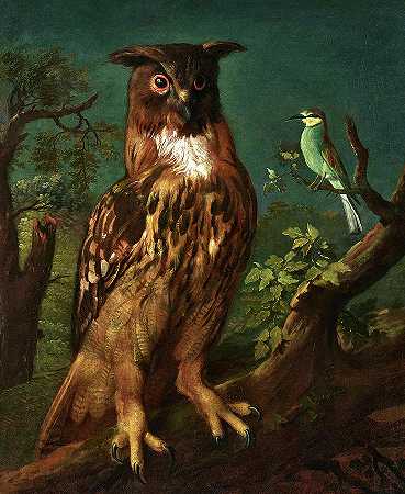 一只鹰鸮和一只欧洲旱獭`An Eagle Owl and an European Roller by German School