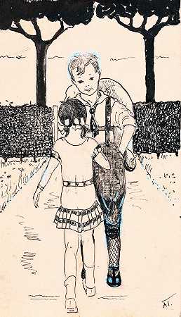 花园小径上的男孩和女孩`Jongen en meisje op een tuinpad (1925) by A. Tinbergen