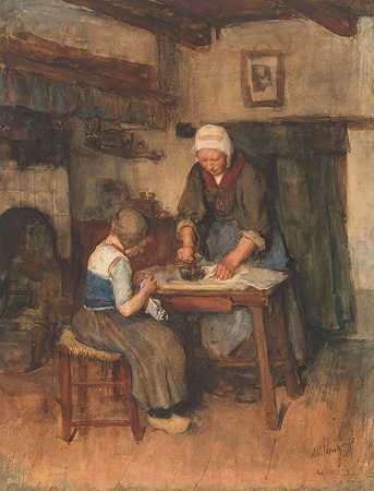 屋内有熨烫的女人和缝纫的孩子`Interieur met strijkende vrouw en naaiend kind (1854 ~ 1914) by Albert Neuhuys