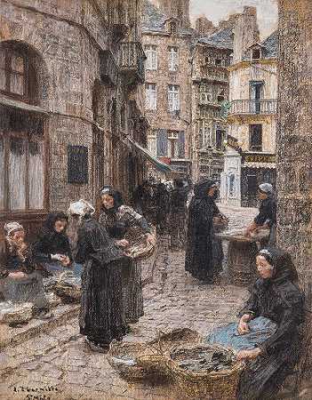 圣马洛鱼市`Le marché aux poissons, St. Malo by Léon Augustin Lhermitte