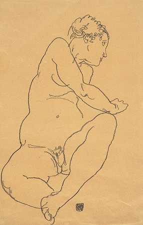 女性裸体向左弯曲`Female Nude Bending to the Left (1918) by Egon Schiele